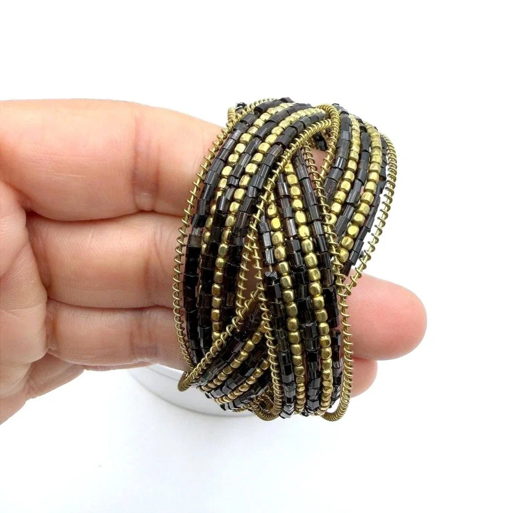 Vintage Cuff Wrap Beaded Braided Bracelet Black Gold Tone‎ Flexible Boho Unisex